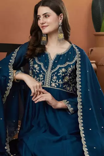 Petrol color vichitra silk embroidered fancy kurta set