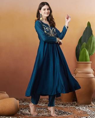 Petrol color vichitra silk embroidered fancy kurta set 4