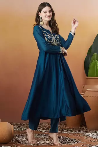 Petrol color vichitra silk embroidered fancy kurta set