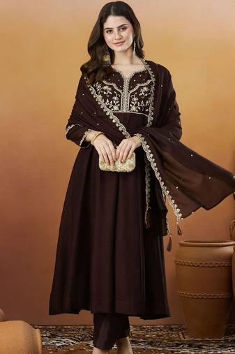 Coffee color vichitra silk fabric designer embroidered fancy kurta set