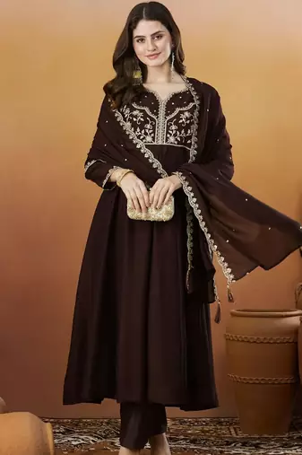 Coffee color vichitra silk fabric designer embroidered fancy kurta set