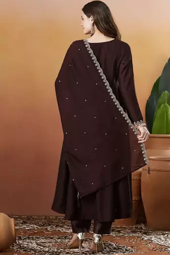 Coffee color vichitra silk embroidered fancy kurta set