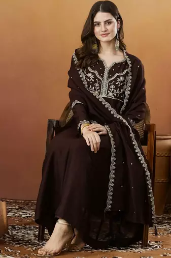 Coffee color vichitra silk embroidered fancy kurta set