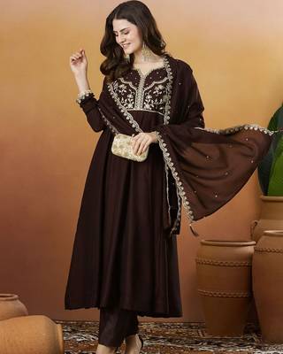 Coffee color vichitra silk embroidered fancy kurta set 4