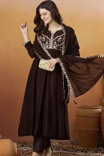 Coffee color vichitra silk embroidered fancy kurta set