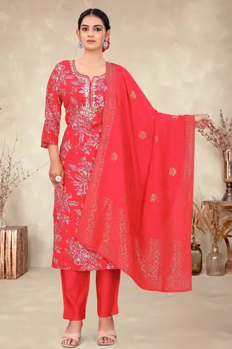 Red color ethnic fancy readymade salwar kameez