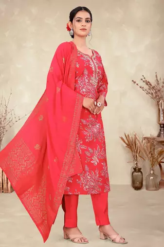 Red color fancy readymade salwar kameez