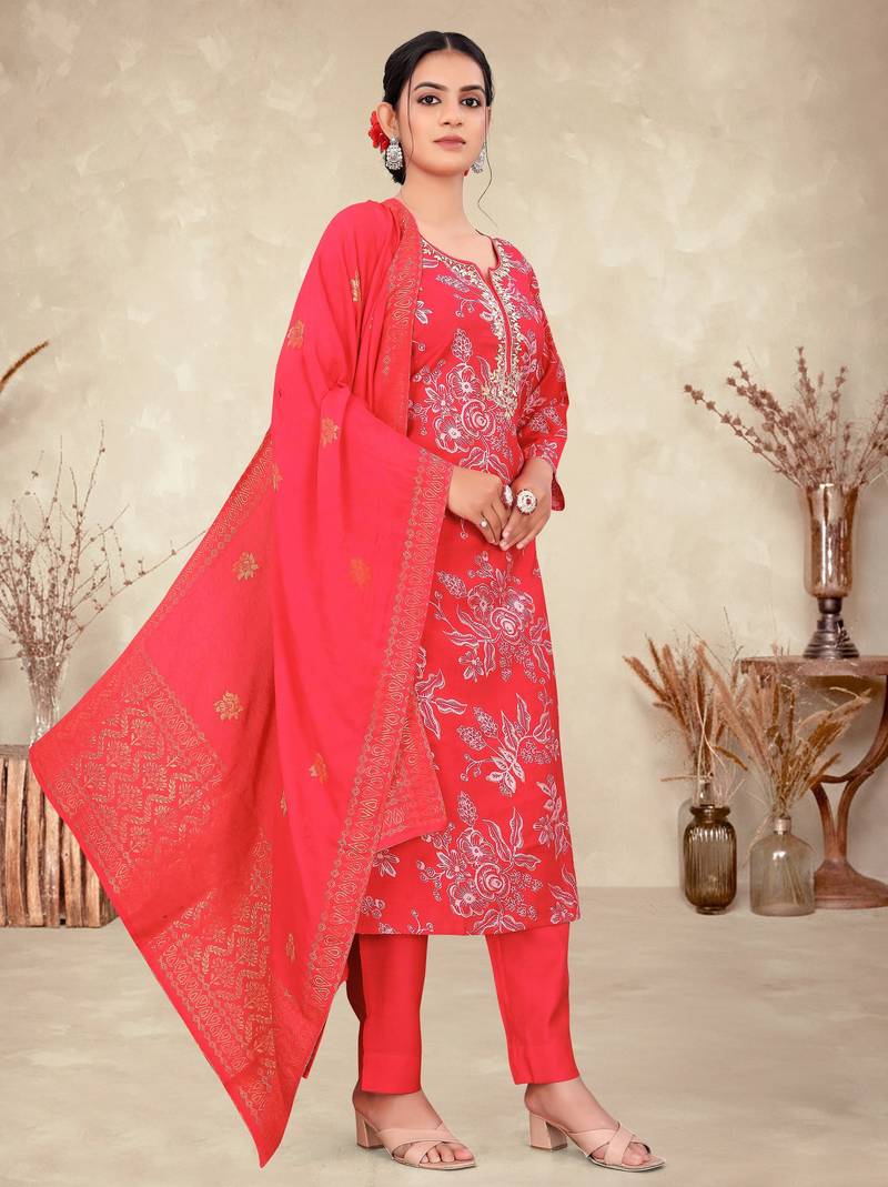 Red color ethnic fancy readymade salwar kameez
