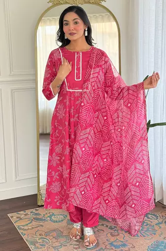 Pink color rayon party looks salwar kameez for girls