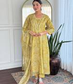 Yellow color ethnic rayon fabric party looks salwar kameez for girls