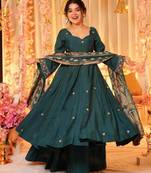 Green color ethnic p v chanderi fabric party looks salwar kameez for girls