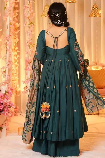 Green color p v chanderi party looks salwar kameez for girls