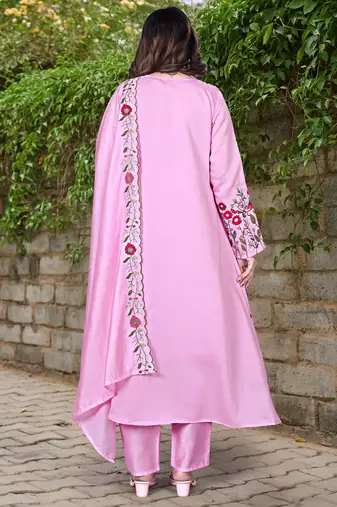 Pink color chanderi silk party looks salwar kameez for girls