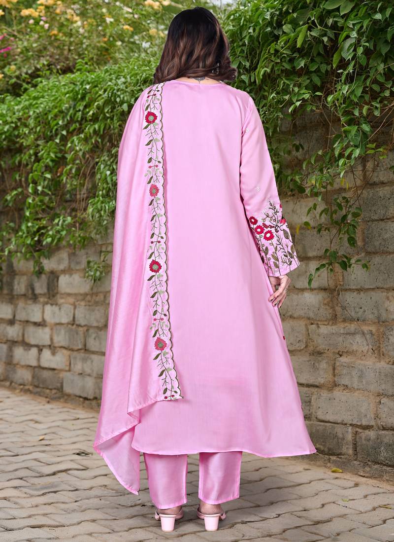 Pink color ethnic chanderi silk fabric party looks salwar kameez for girls