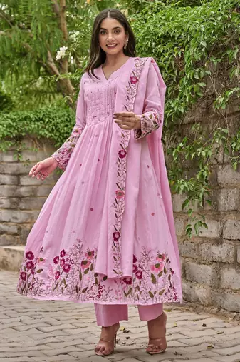 Pink color chanderi silk party looks salwar kameez for girls