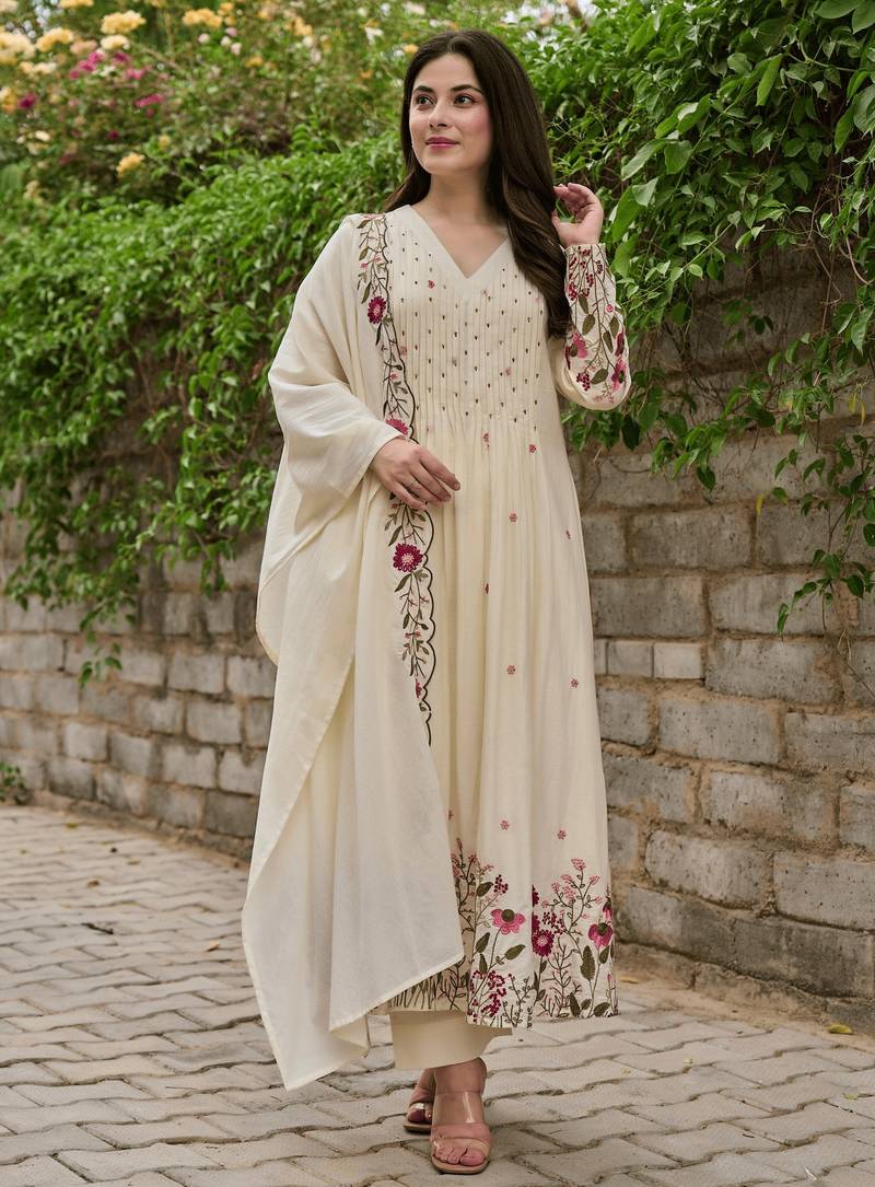 Cream color ethnic chanderi silk fabric party looks salwar kameez for girls