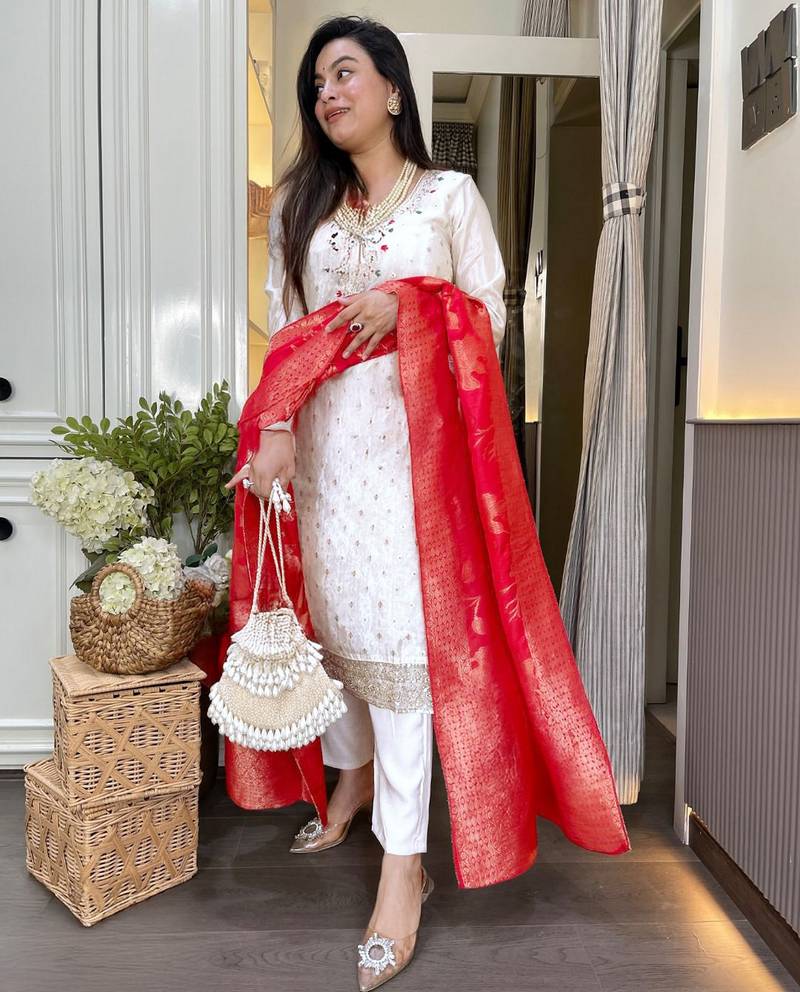 Off white color ethnic chanderi jacquard fabric party looks salwar kameez for girls