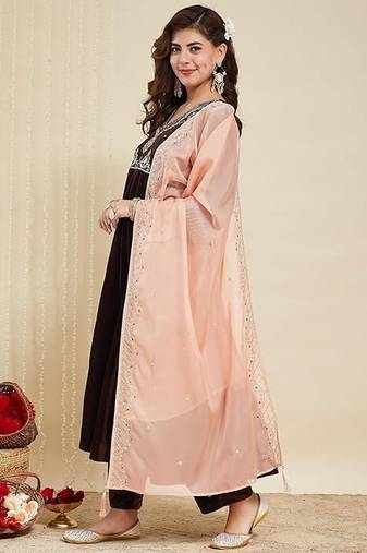 Brown color ethnic velvet fabric party looks salwar kameez for girls