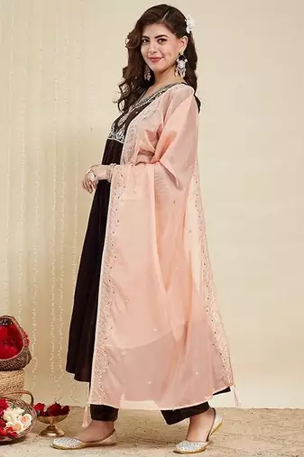 Brown color ethnic velvet fabric party looks salwar kameez for girls