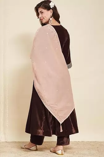 Brown color velvet party looks salwar kameez for girls