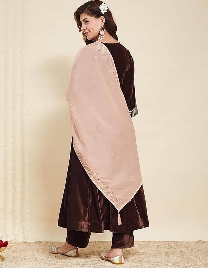 Brown color ethnic velvet fabric party looks salwar kameez for girls