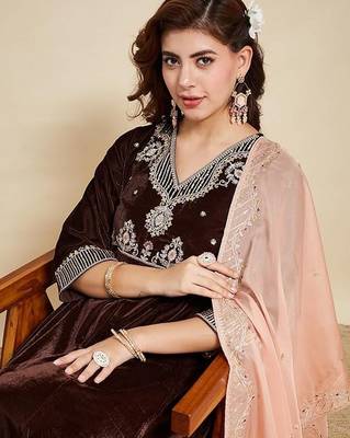 Brown color velvet party looks salwar kameez for girls 3
