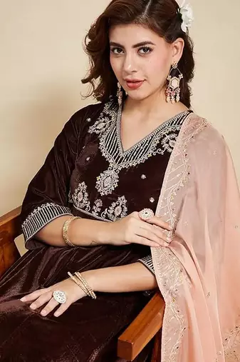 Brown color velvet party looks salwar kameez for girls