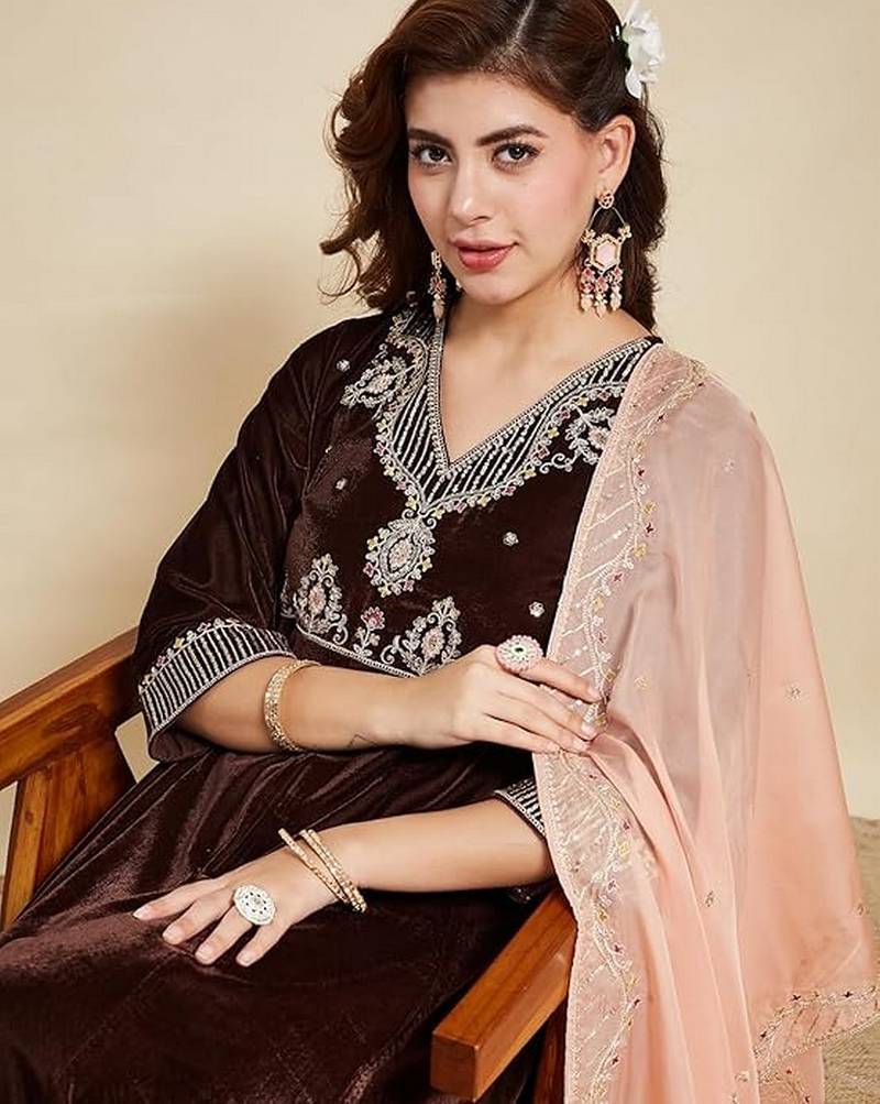 Brown color ethnic velvet fabric party looks salwar kameez for girls