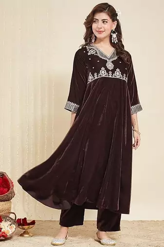 Brown color velvet party looks salwar kameez for girls