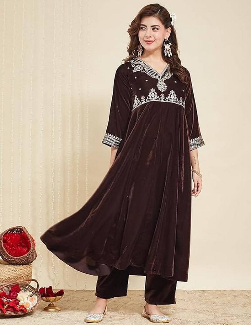 Brown color ethnic velvet fabric party looks salwar kameez for girls