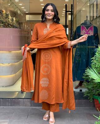 Orange color chanderi party looks salwar kameez for girls 3