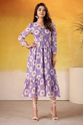 Lavender color weightless marbal fabric designer floral printed girlie partywear kurti