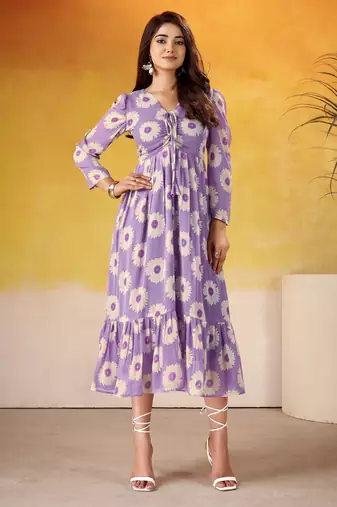 Lavender color weightless marbal fabric designer floral printed girlie partywear kurti