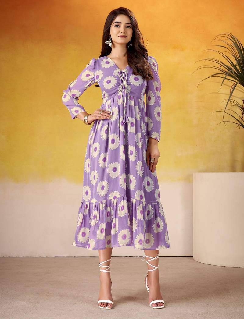 Lavender color weightless marbal fabric designer floral printed girlie partywear kurti