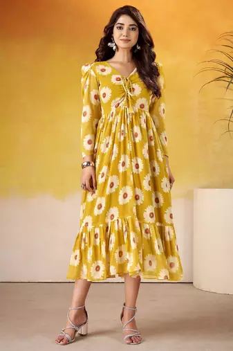 Mustard color weightless marbal fabric designer floral printed girlie partywear kurti