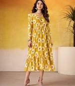 Mustard color weightless marbal fabric designer floral printed girlie partywear kurti