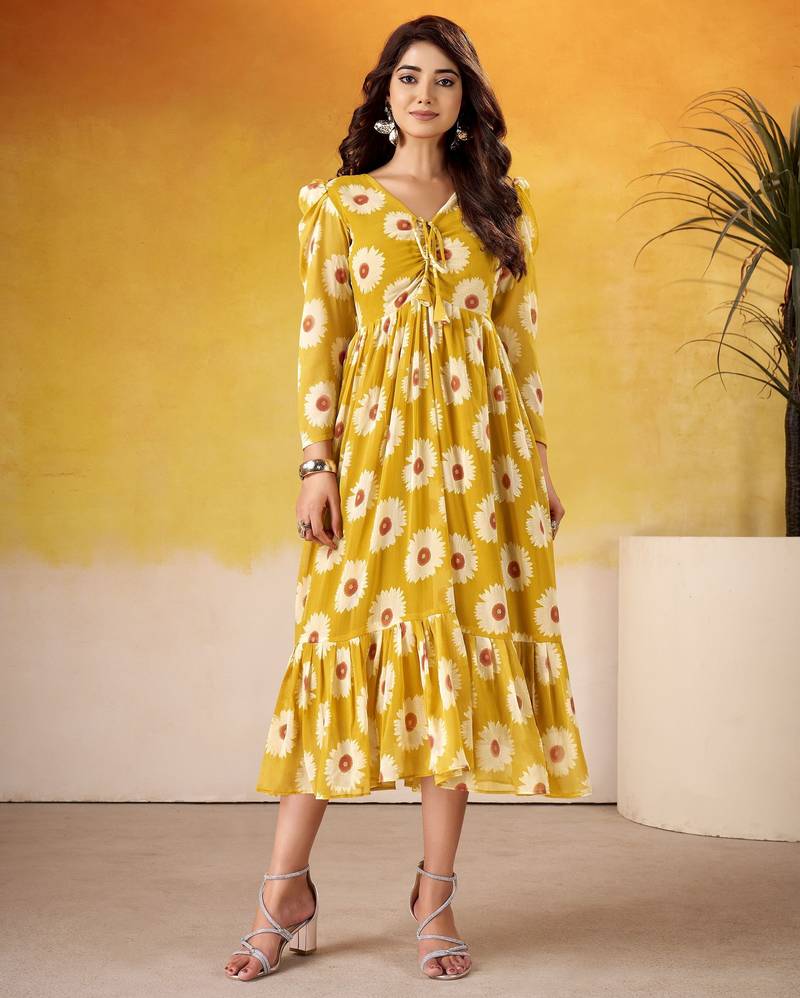 Mustard color weightless marbal fabric designer floral printed girlie partywear kurti