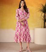Pink color weightless marbal fabric designer floral printed girlie partywear kurti