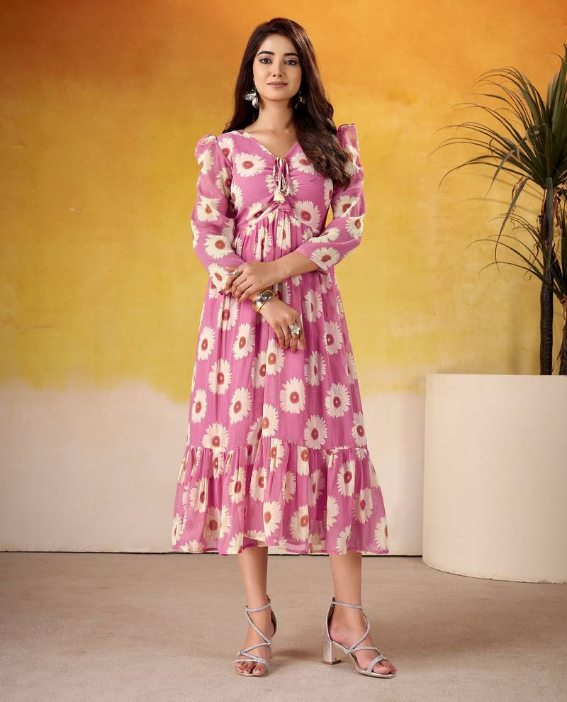 Pink color weightless marbal fabric designer floral printed girlie partywear kurti