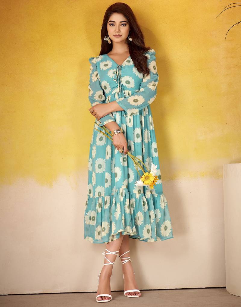 Sky blue color weightless marbal fabric designer floral printed girlie partywear kurti