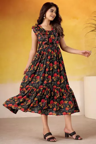 Black color maslin silk fabric designer floral printed girlie partywear kurti