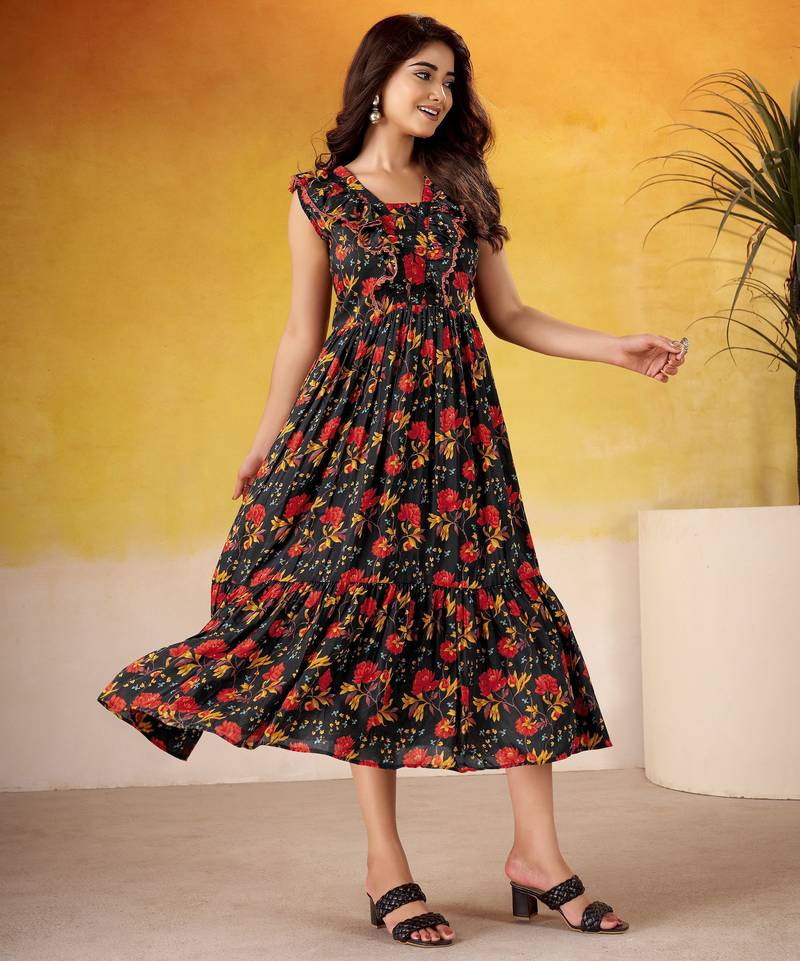 Black color maslin silk fabric designer floral printed girlie partywear kurti