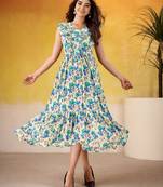 Firozi color maslin silk fabric designer floral printed girlie partywear kurti