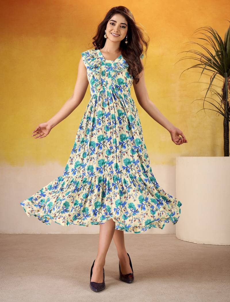 Firozi color maslin silk fabric designer floral printed girlie partywear kurti