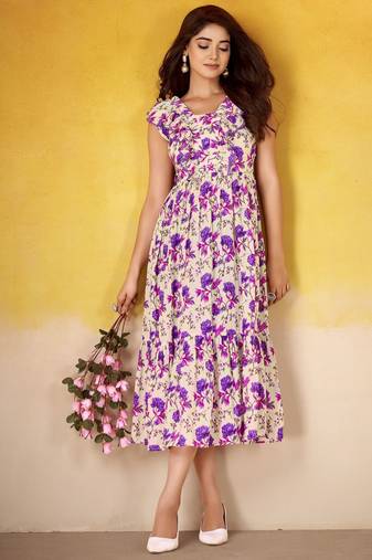 Purple color maslin silk fabric designer floral printed girlie partywear kurti
