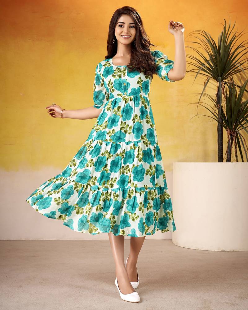 Firozi color vichitra silk fabric designer floral printed girlie partywear kurti