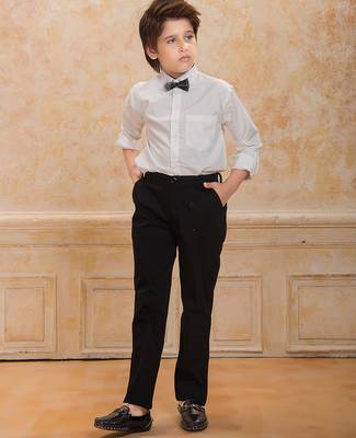 White cotton woven shirt trouser waistcoat with bow set 5