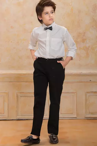 White cotton woven shirt trouser waistcoat with bow set
