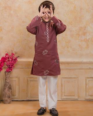 Rust cotton woven embriodered kurta set 1