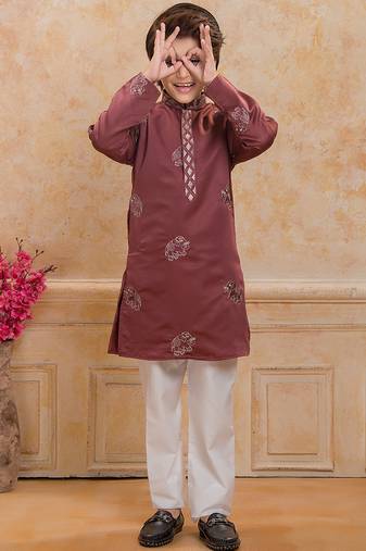 Rust cotton woven embriodered kurta set